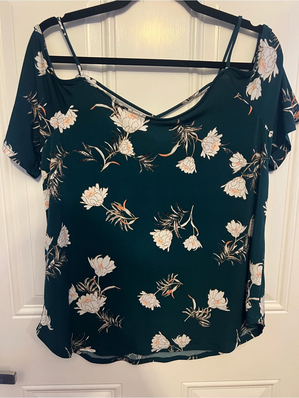Kaileigh Dark Green Teal Floral Cold-Shoulder Strappy Blouse Large Stitch Fix